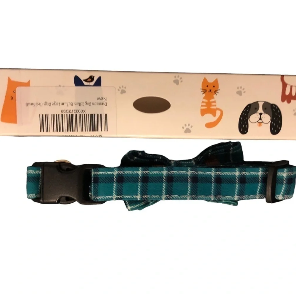 Dynmeow Dog Collar Small/Med Size Teal Plaid W/Bow 14-17” NIB Adjistable